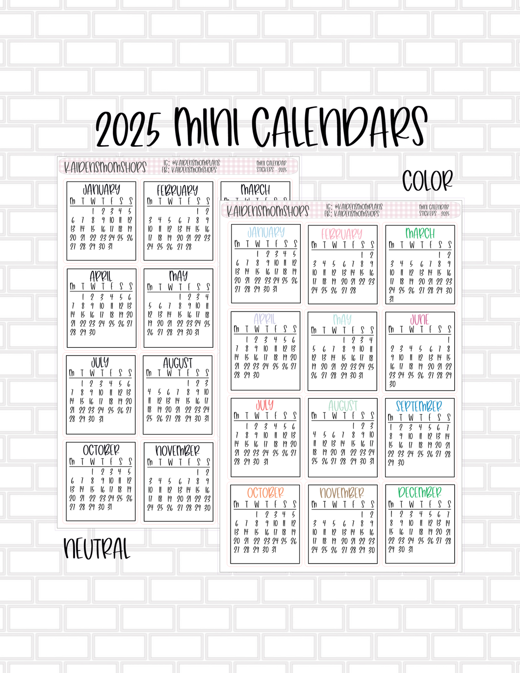 Mini Calendars for 2025 - Full Sticker Sheet