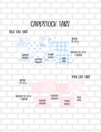 Blue Toile or Pink Girl Card Stock 1” Tabs - 16 pack
