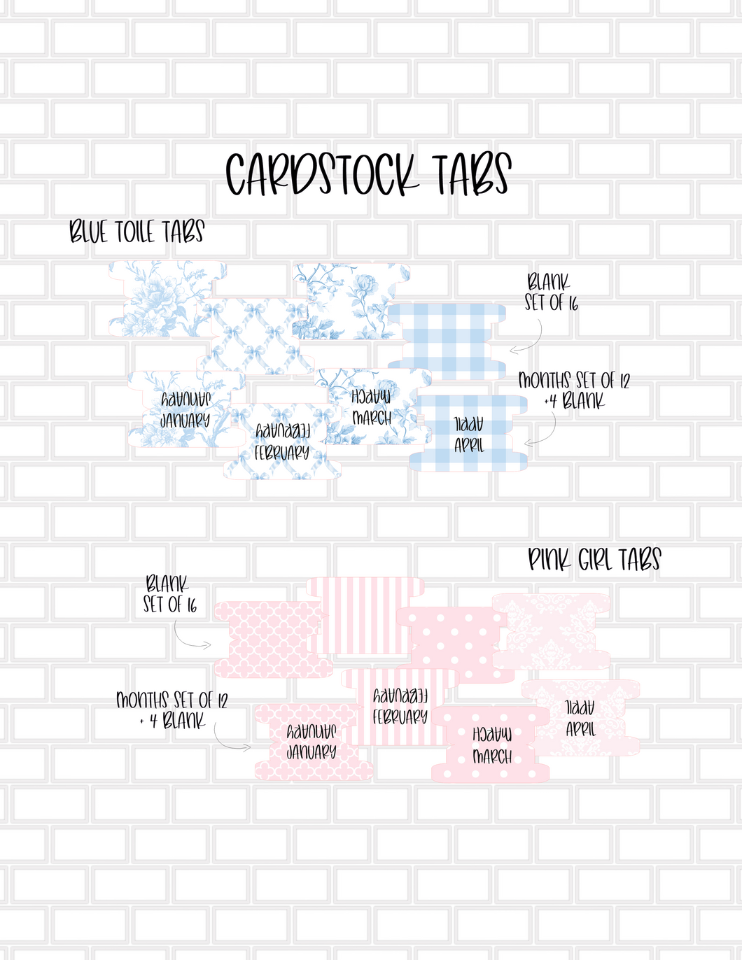 Blue Toile or Pink Girl Card Stock 1” Tabs - 16 pack