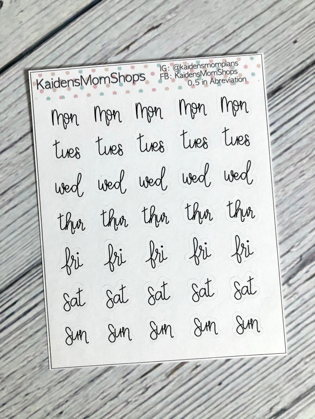 Days of the week - Abreviated - 0.5 in - Mini Sticker Sheet - Handlettered